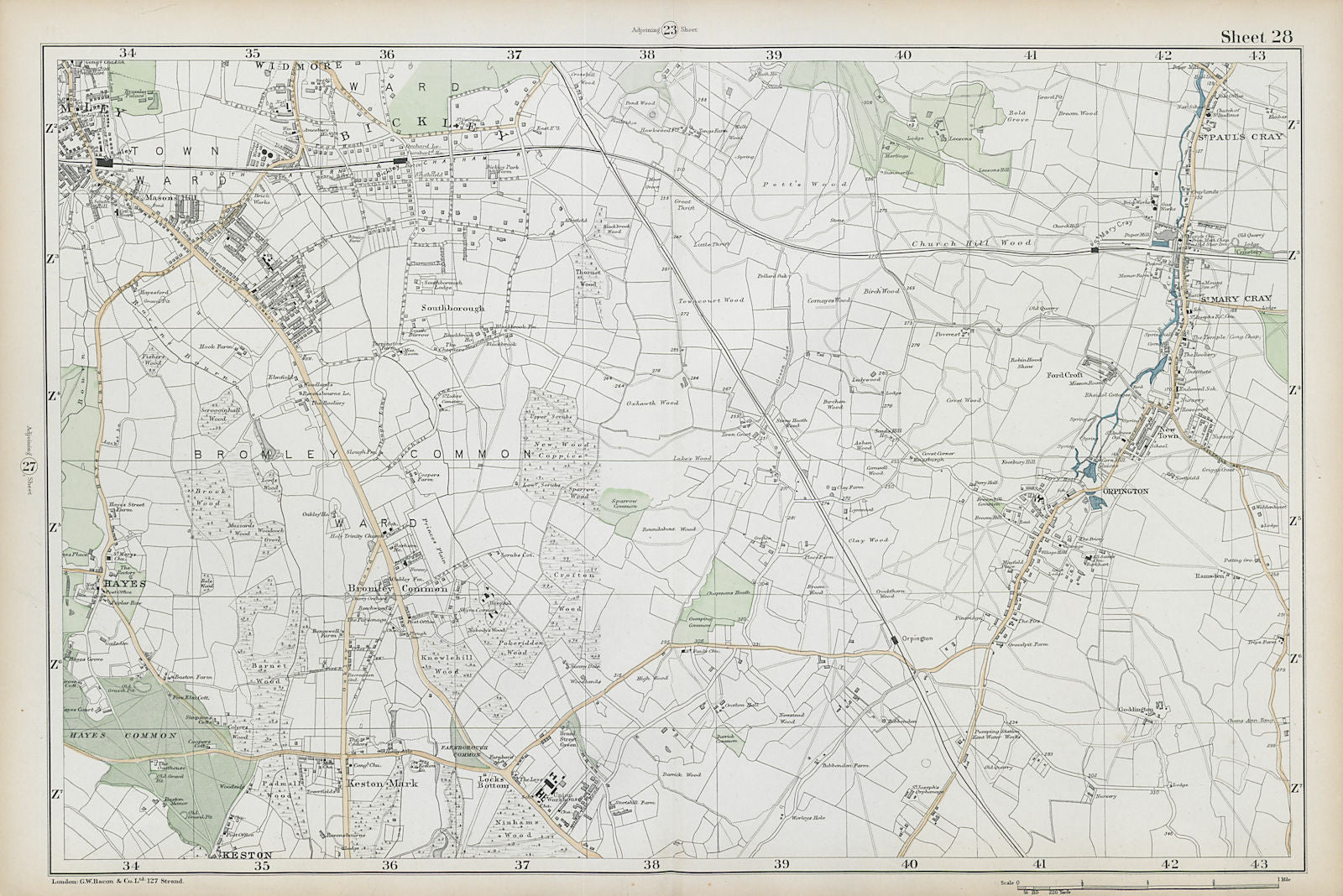 BROMLEY & ORPINGTON Hayes Petts Wood Keston St Paul's Mary Cray. BACON  1906 map